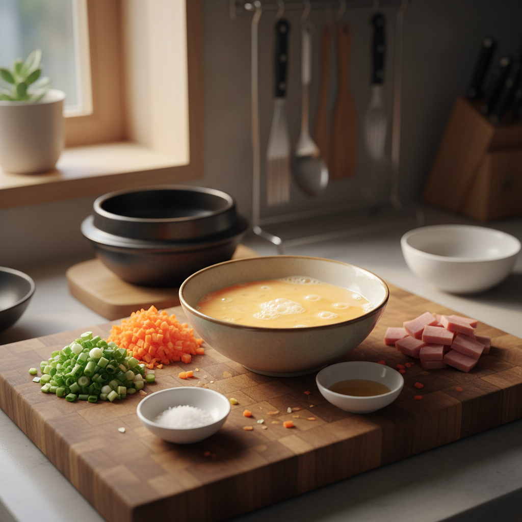 계란말이 주재료를 손질 크기에 맞춰 정리한 이미지