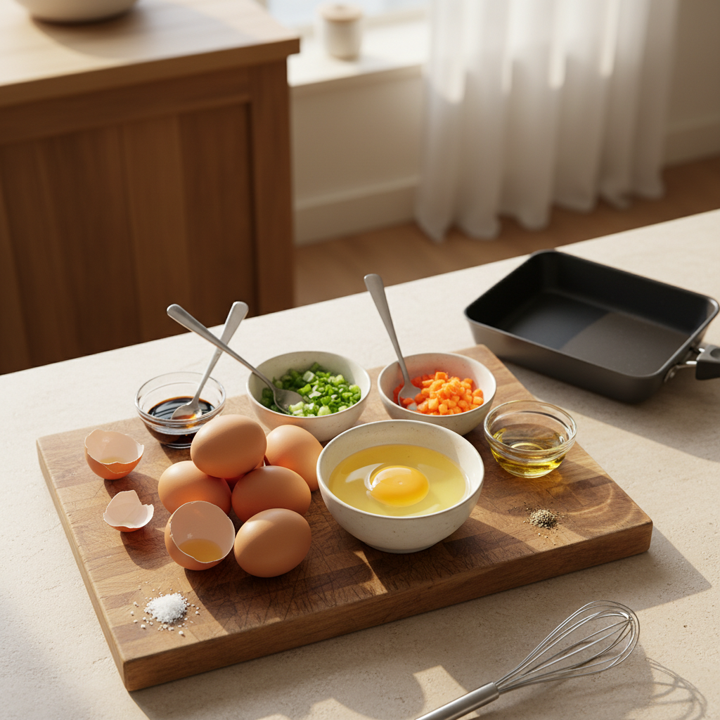 계란말이 재료를 종이컵과 밥숟가락 기준으로 준비한 이미지