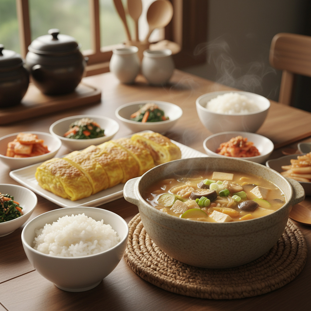 계란말이 다음으로 곁들이기 좋은 음식과 함께 놓은 이미지