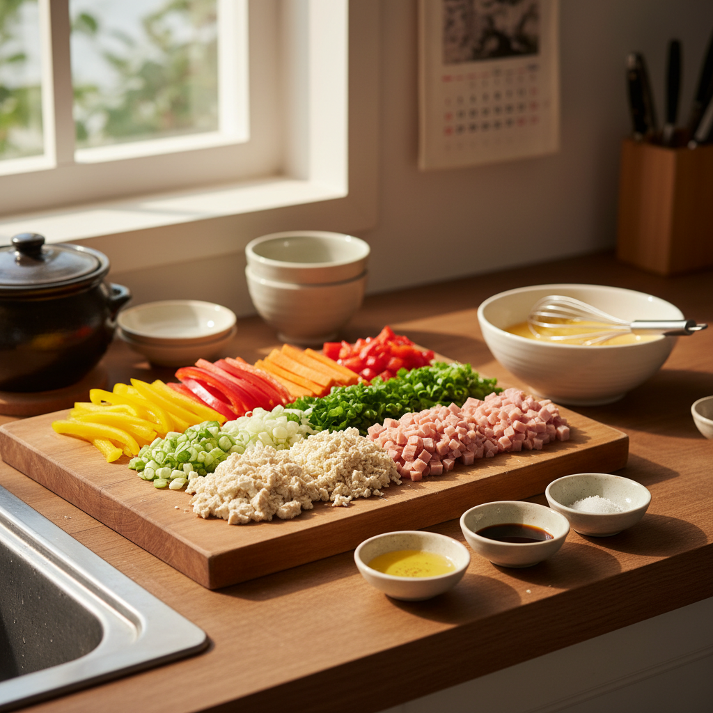 계란말이 도마 위에 채소와 부재료를 정리한 이미지