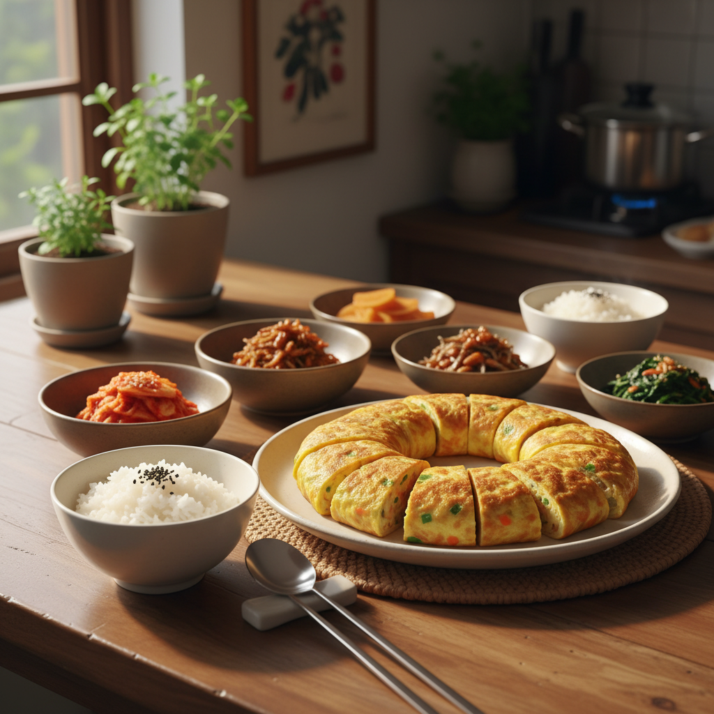 계란말이 완성된 음식과 반찬을 함께 차린 이미지