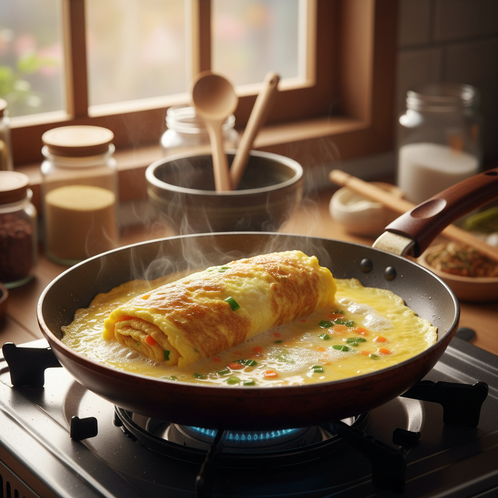 계란말이 중간 불에서 익어가는 이미지