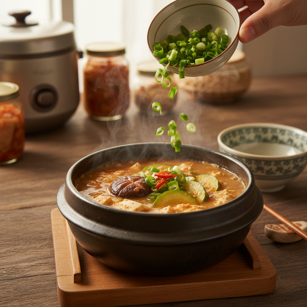 된장찌개 대파나 마지막 재료를 넣는 이미지