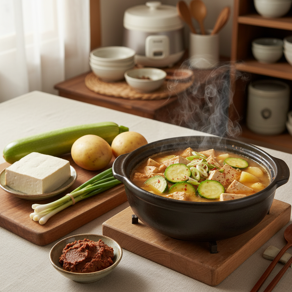 된장찌개 완성된 한 상 차림 이미지