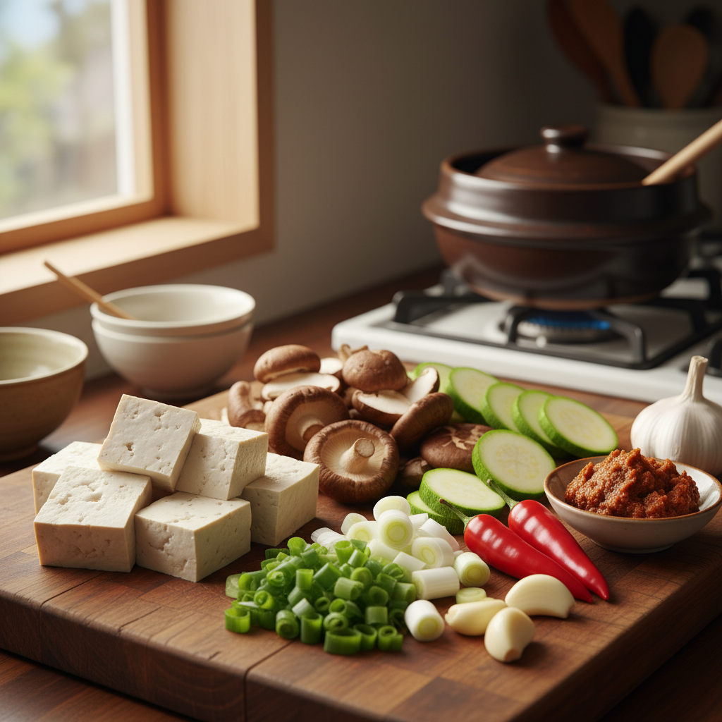 된장찌개 주재료를 손질 크기에 맞춰 정리한 이미지