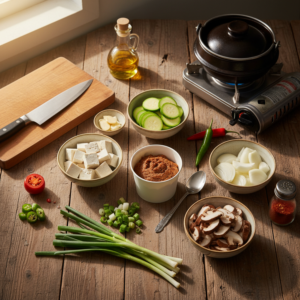 된장찌개 재료를 종이컵과 밥숟가락 기준으로 준비한 이미지