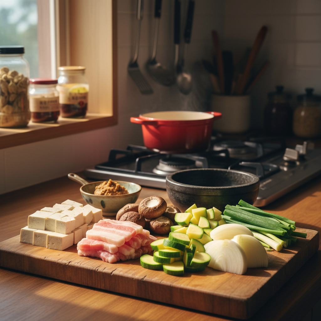 된장찌개 도마 위에 채소와 부재료를 정리한 이미지