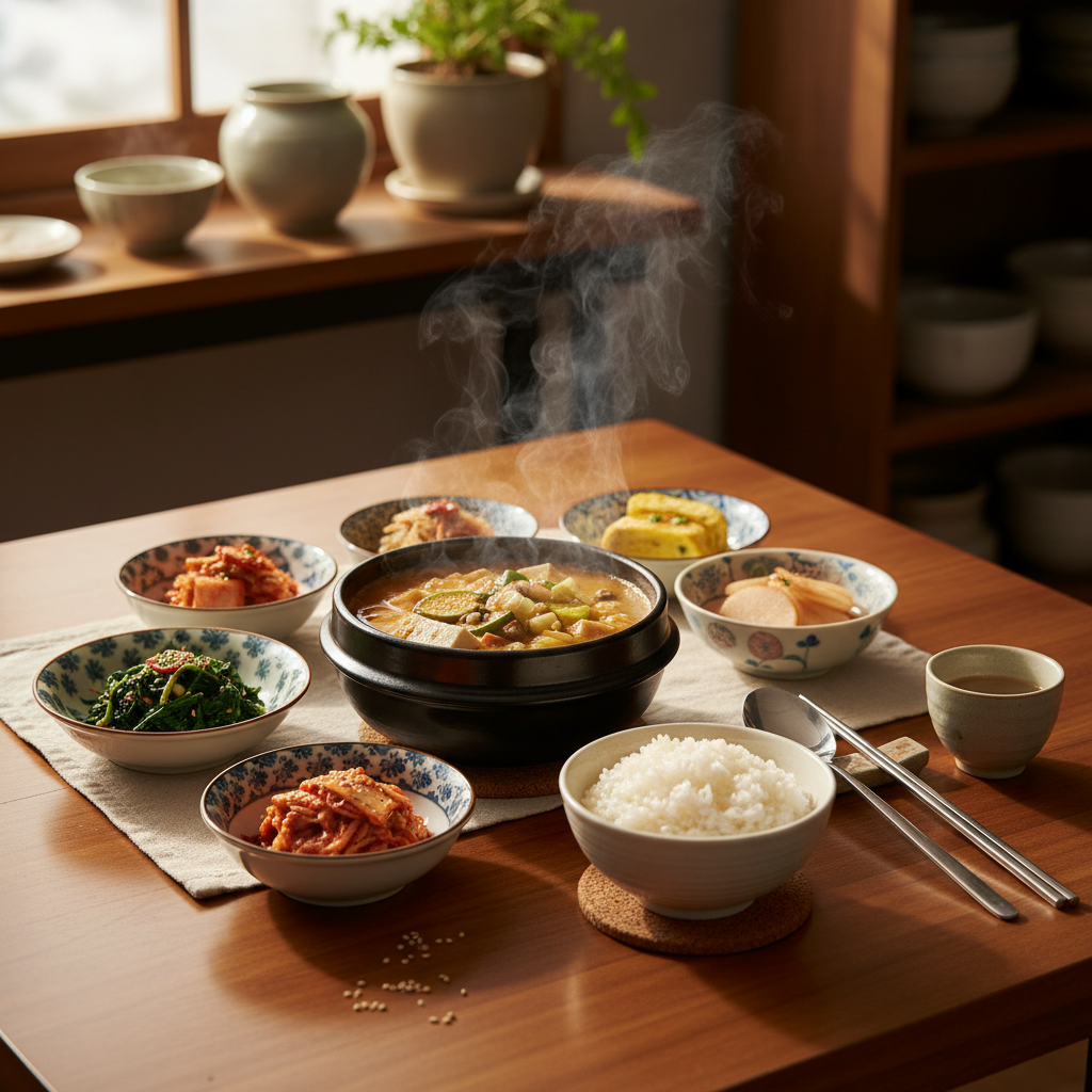 된장찌개 완성된 음식과 반찬을 함께 차린 이미지