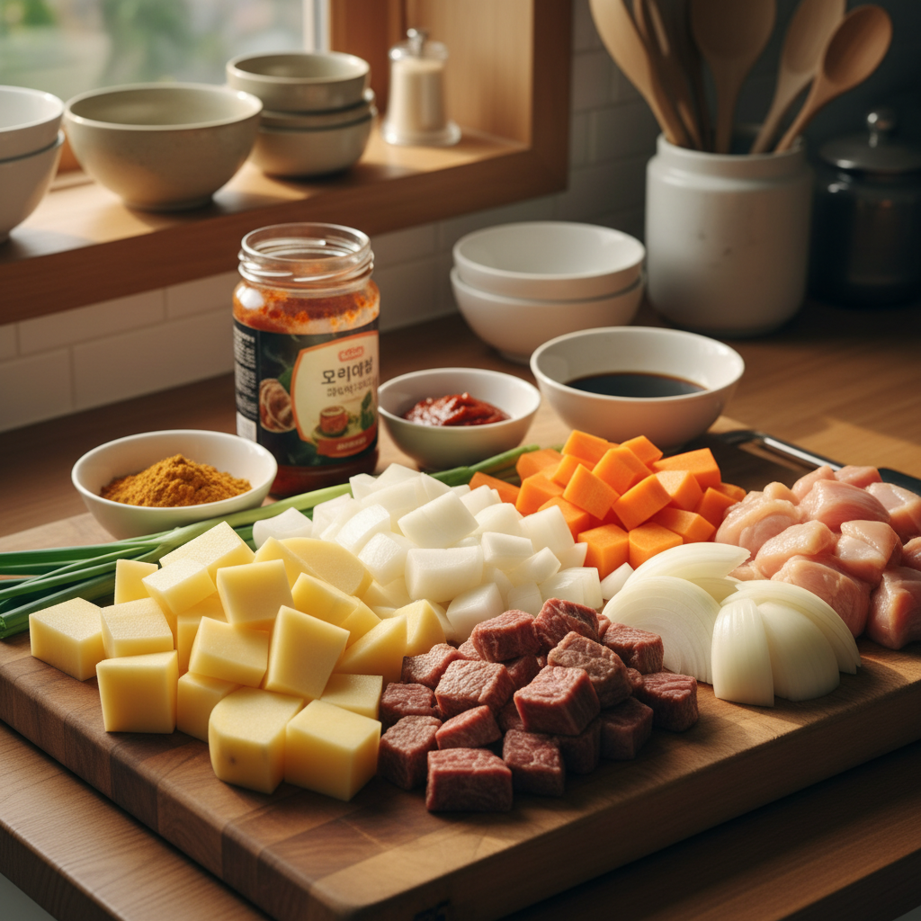 카레라이스 주재료를 손질 크기에 맞춰 정리한 이미지