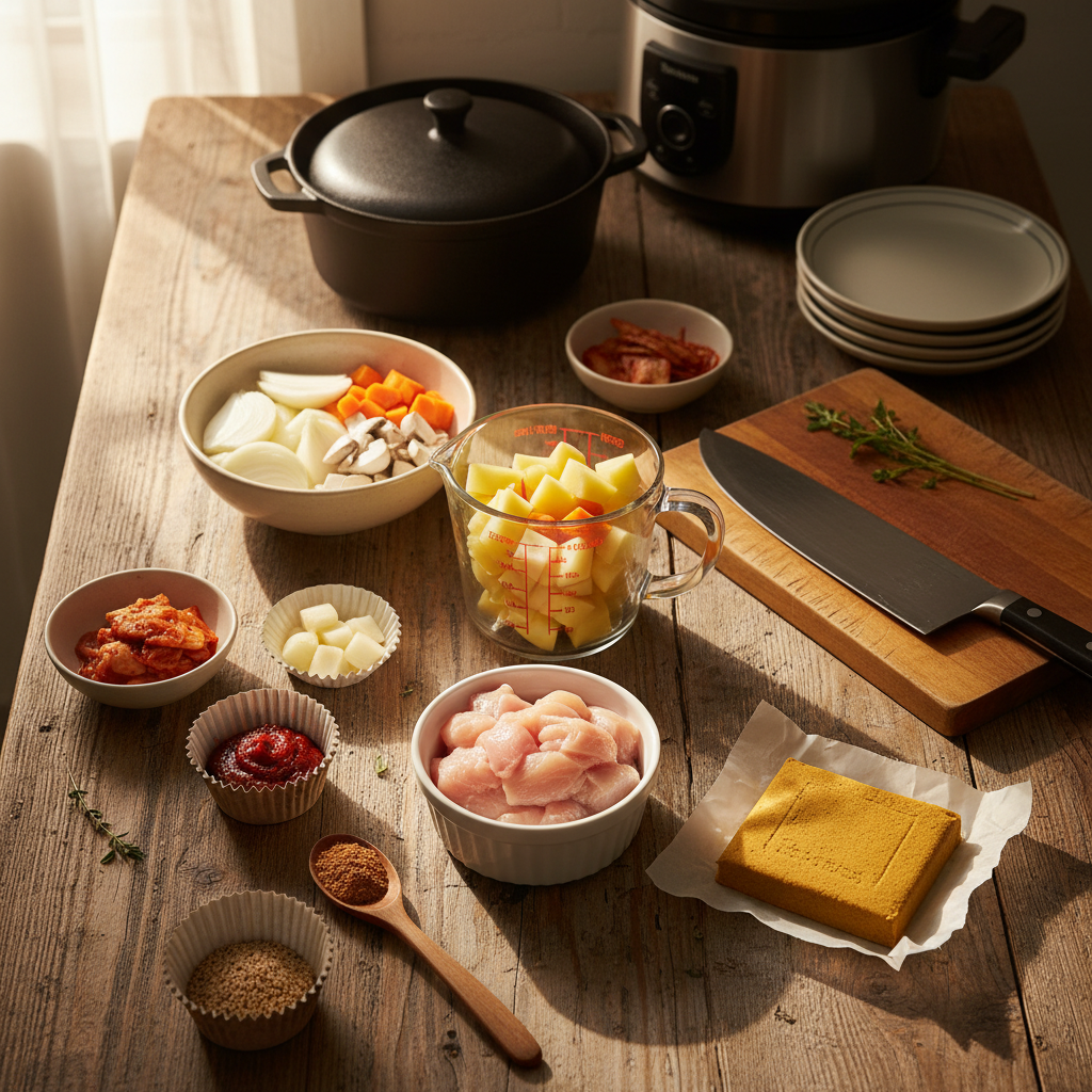 카레라이스 재료를 종이컵과 밥숟가락 기준으로 준비한 이미지