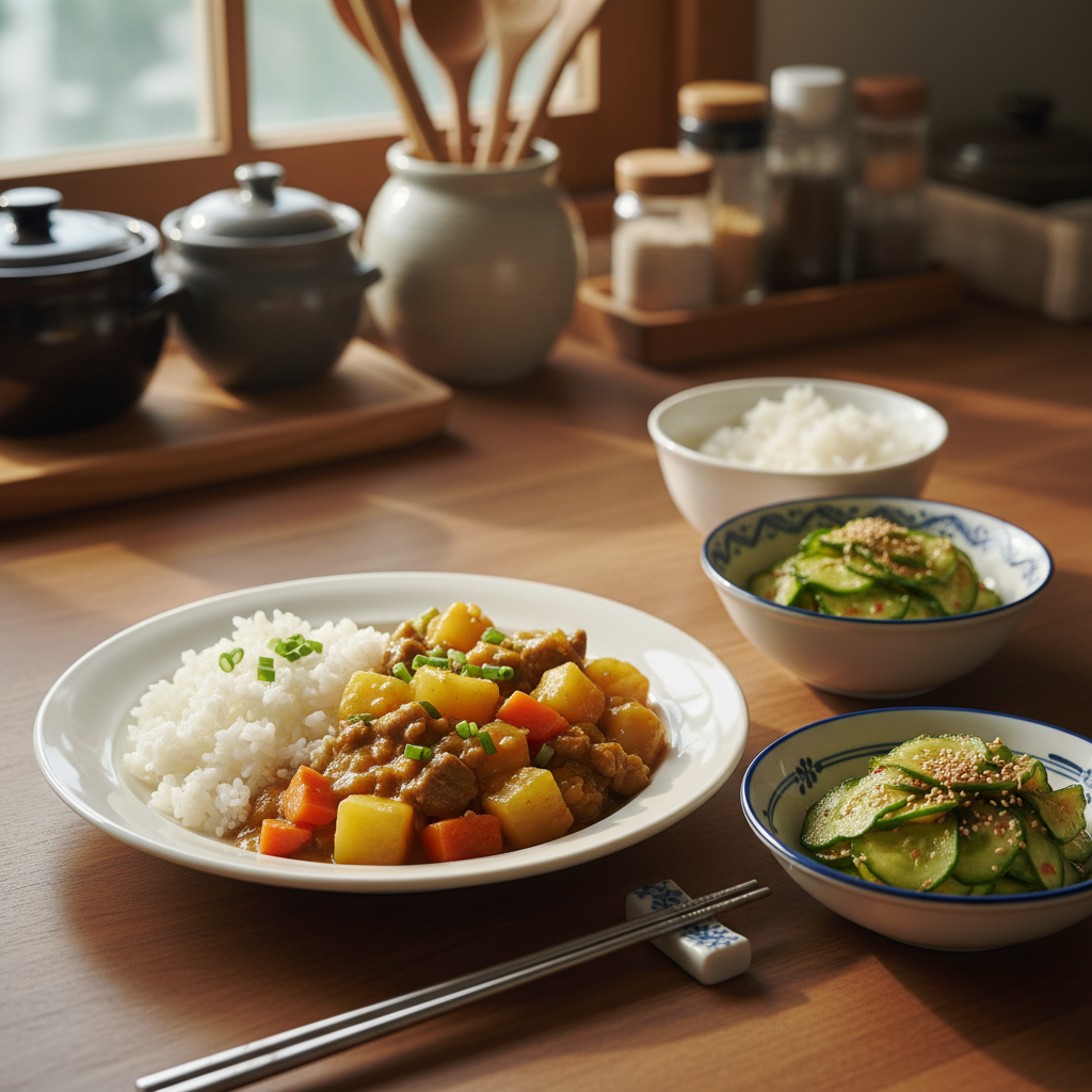 카레라이스 다음으로 곁들이기 좋은 음식과 함께 놓은 이미지