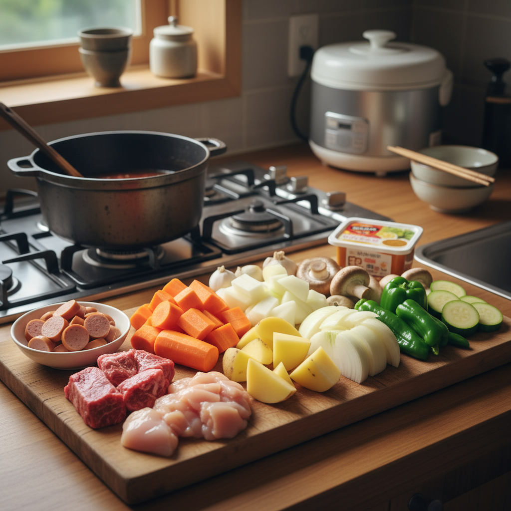 카레라이스 도마 위에 채소와 부재료를 정리한 이미지