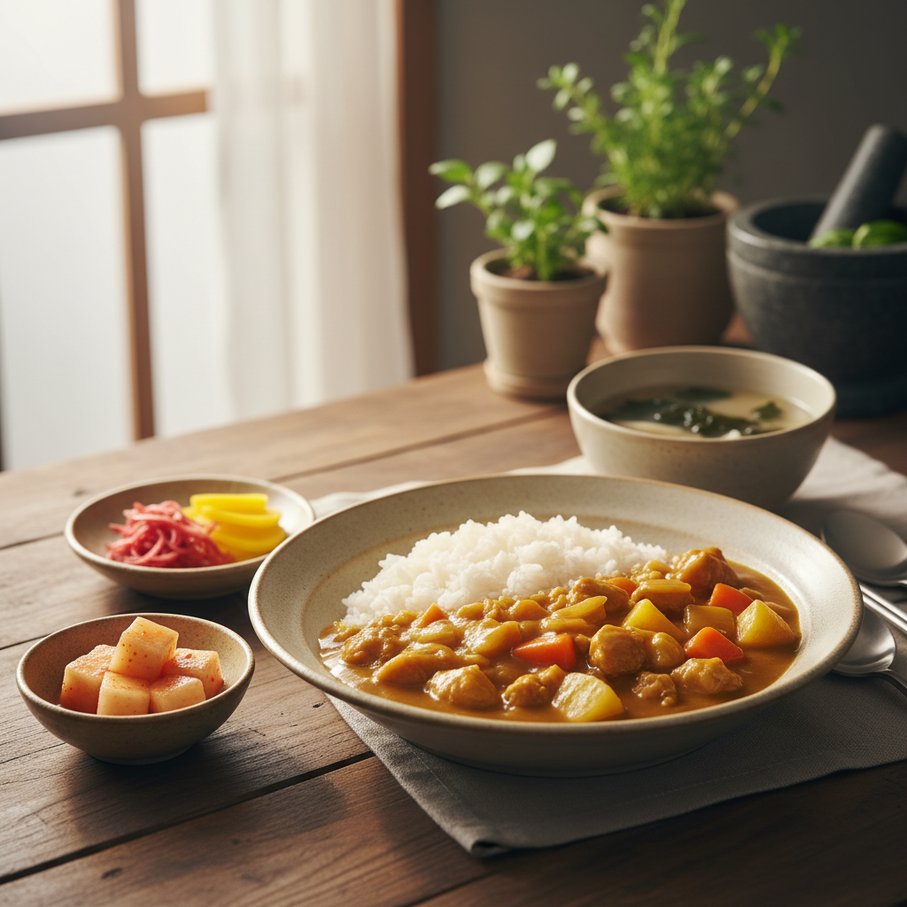 카레라이스 완성된 음식과 반찬을 함께 차린 이미지