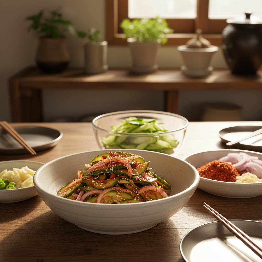 오이무침 완성된 한 상 차림 이미지