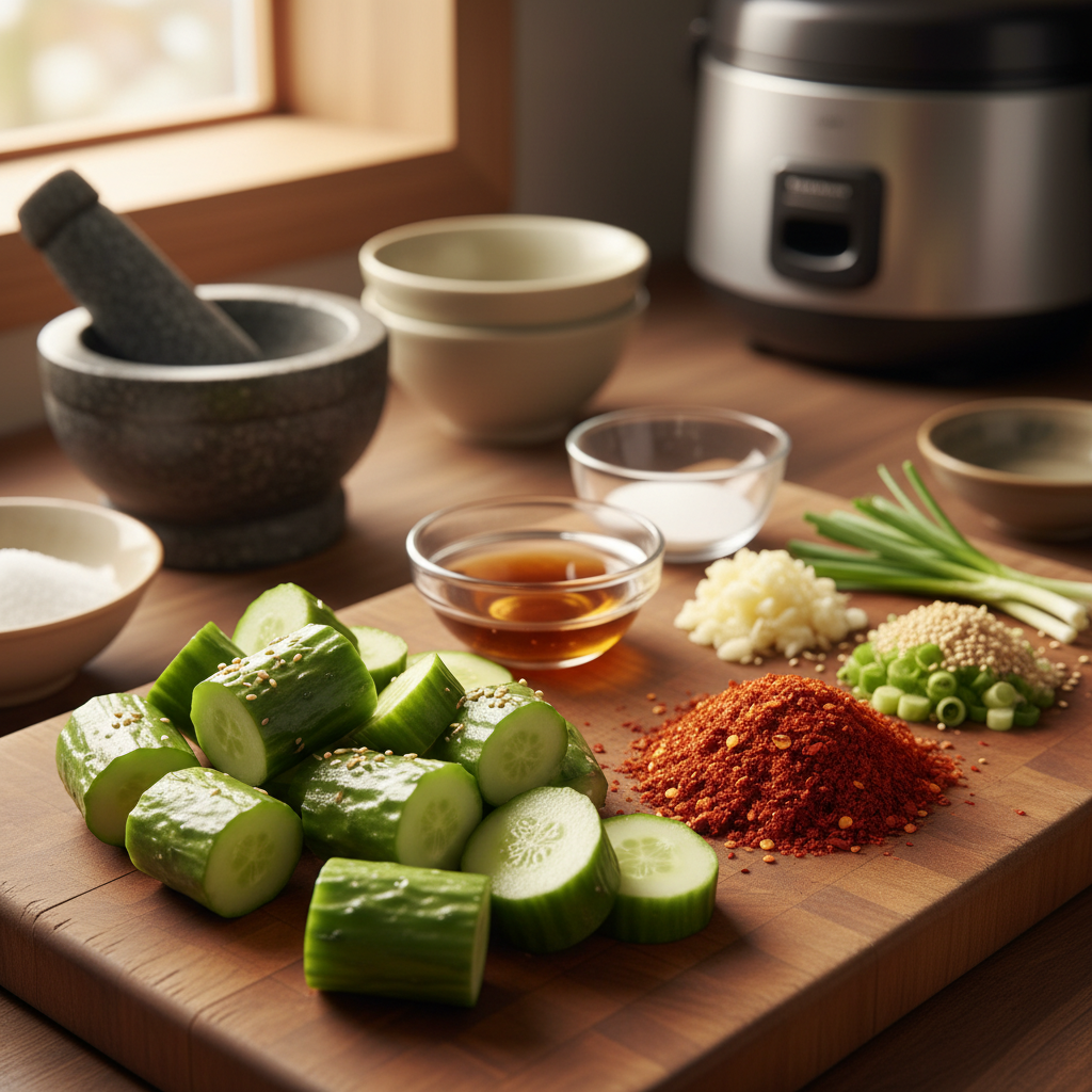 오이무침 주재료를 손질 크기에 맞춰 정리한 이미지