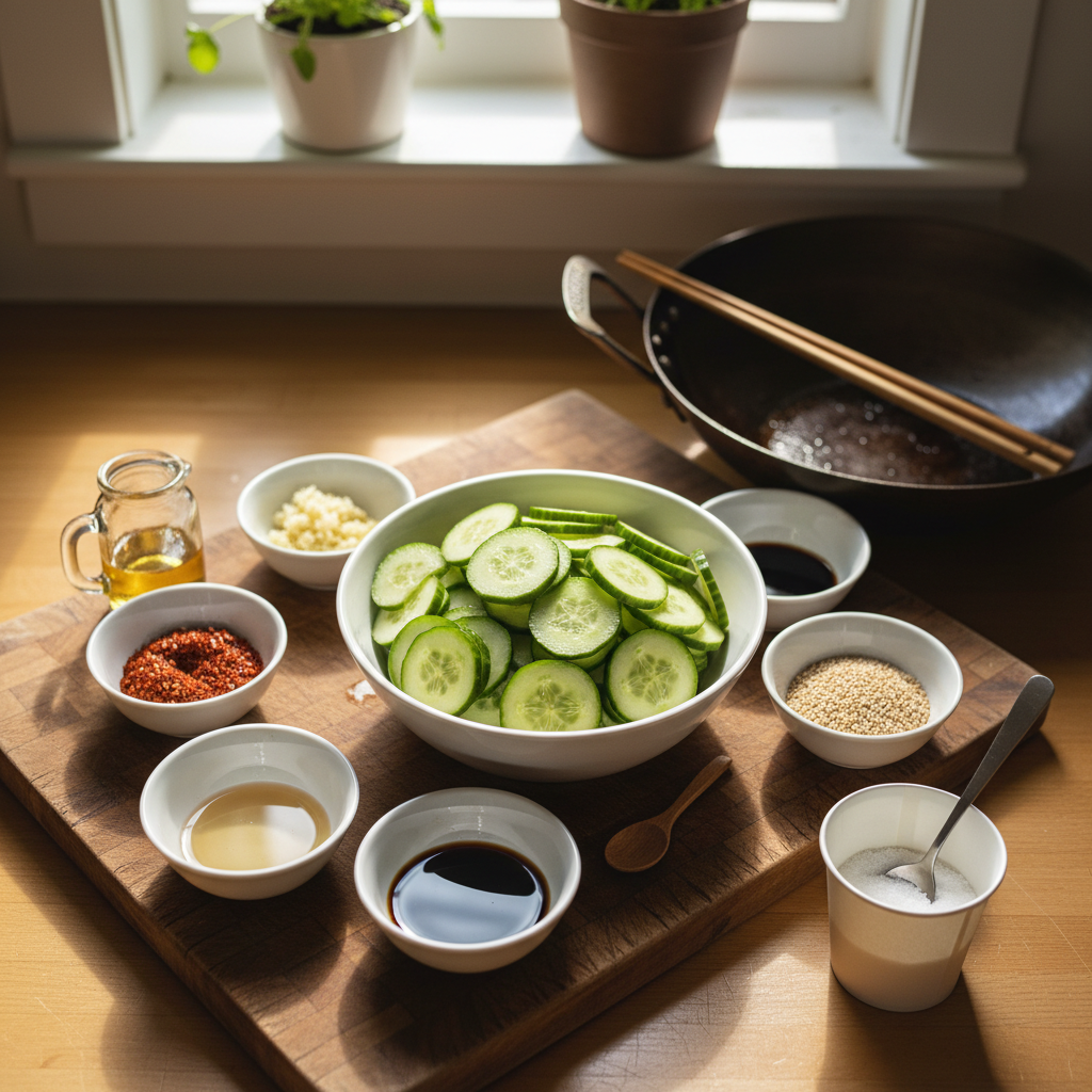 오이무침 재료를 종이컵과 밥숟가락 기준으로 준비한 이미지