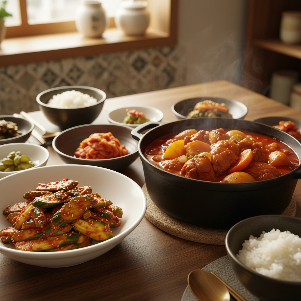 오이무침 다음으로 곁들이기 좋은 음식과 함께 놓은 이미지