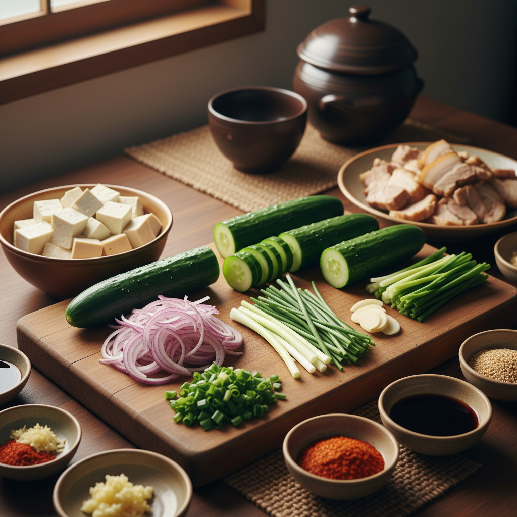 오이무침 도마 위에 채소와 부재료를 정리한 이미지