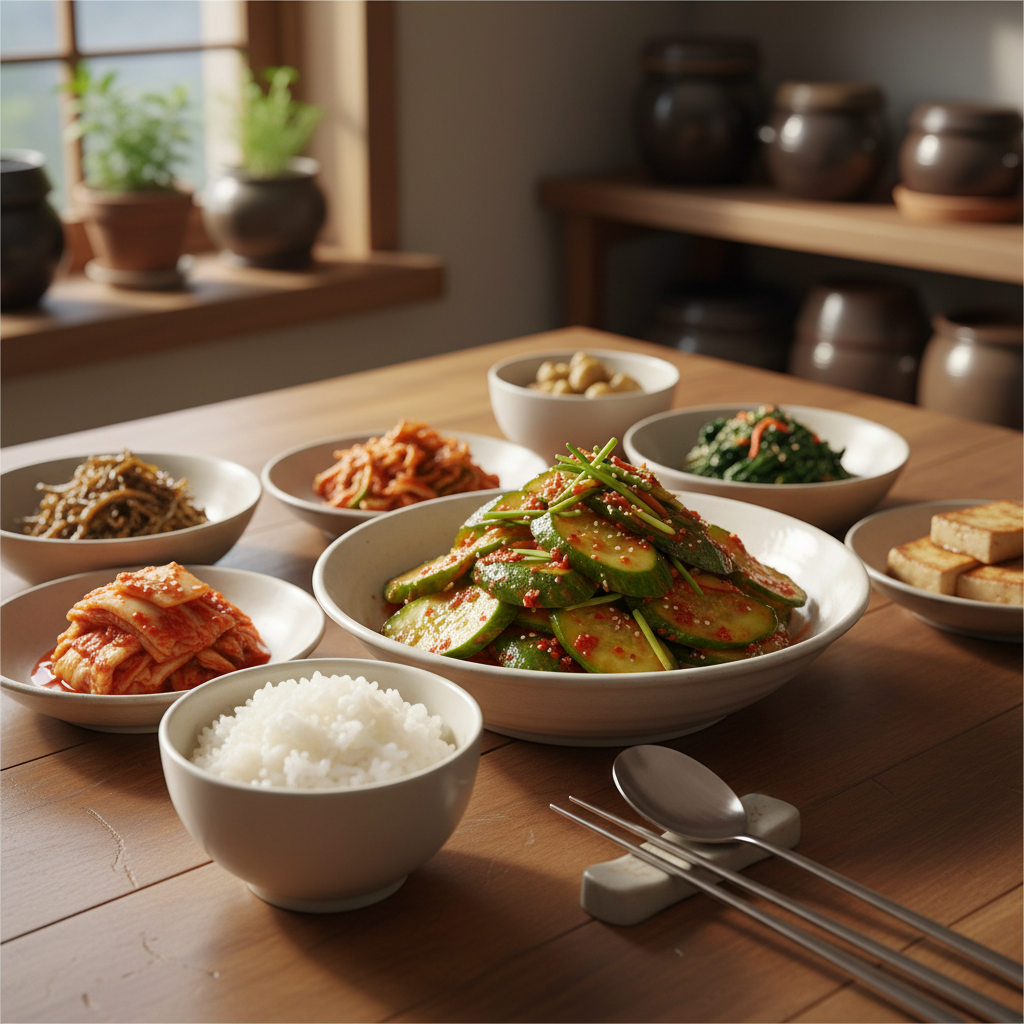 오이무침 완성된 음식과 반찬을 함께 차린 이미지