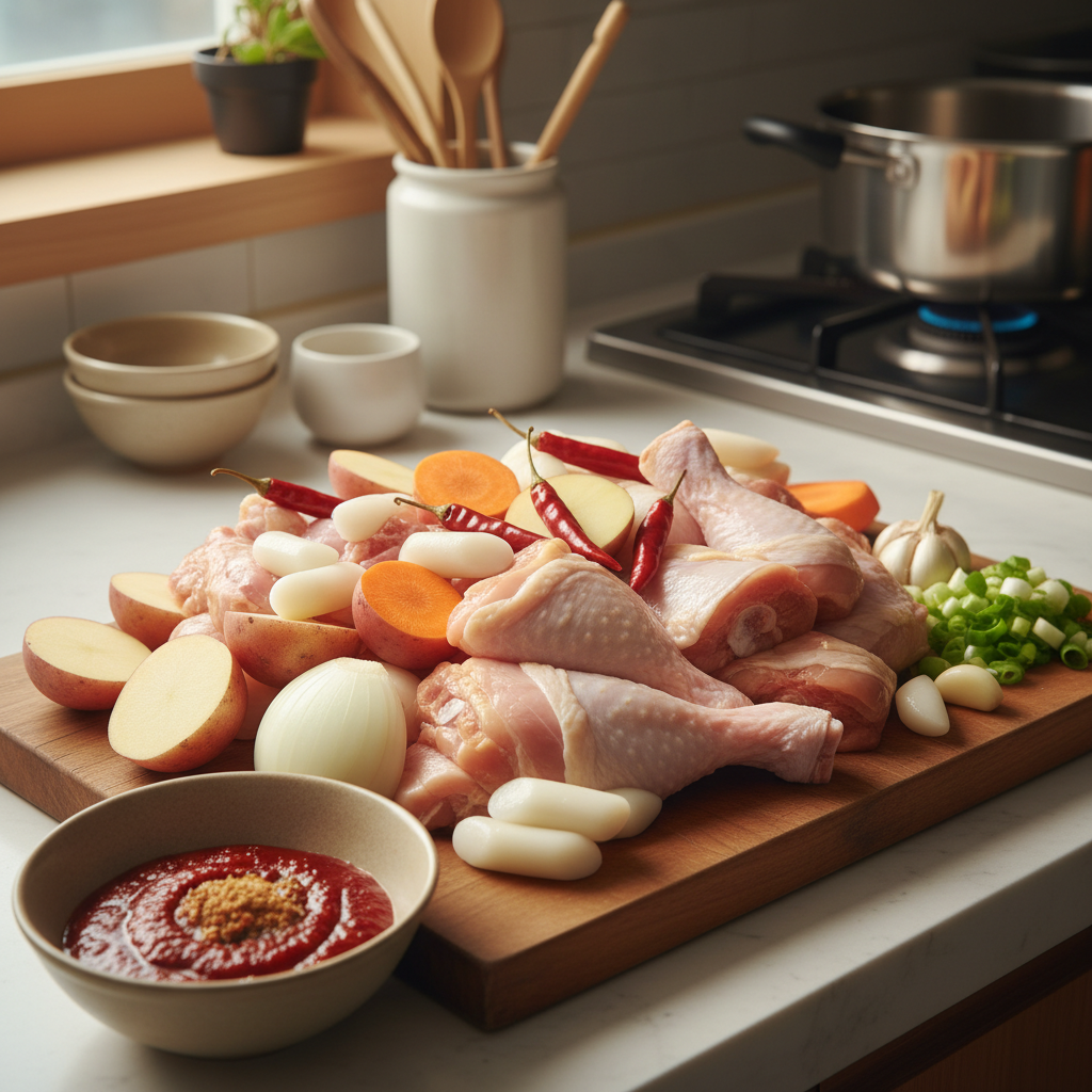 닭볶음탕 주재료를 손질 크기에 맞춰 정리한 이미지