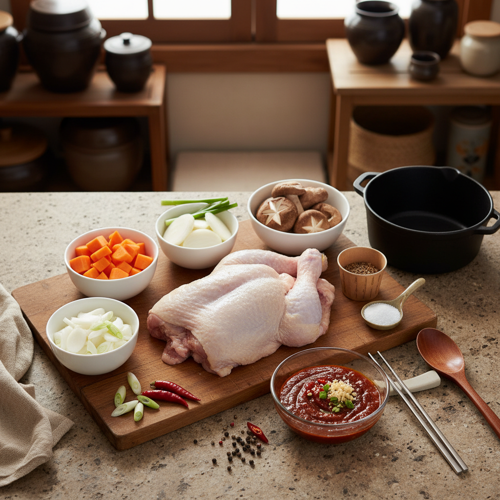 닭볶음탕 재료를 종이컵과 밥숟가락 기준으로 준비한 이미지