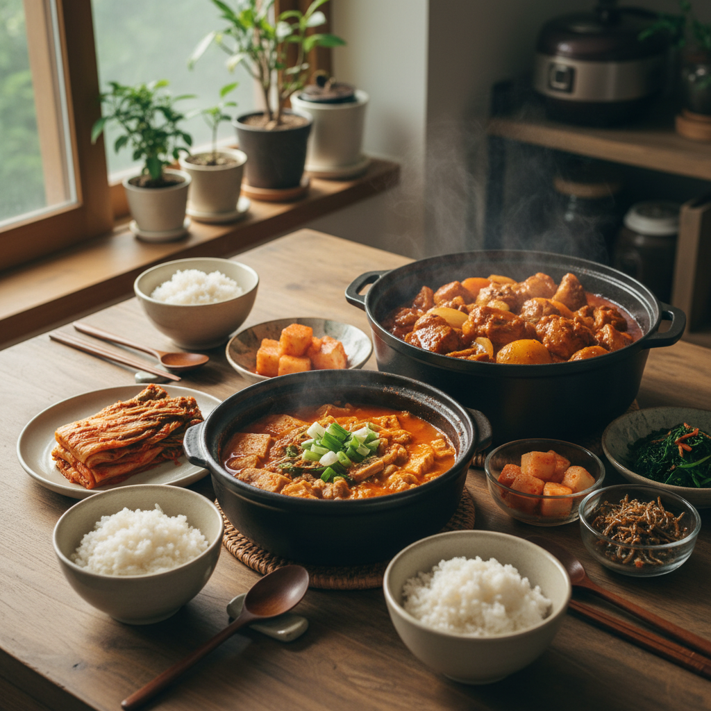 닭볶음탕 다음으로 곁들이기 좋은 음식과 함께 놓은 이미지