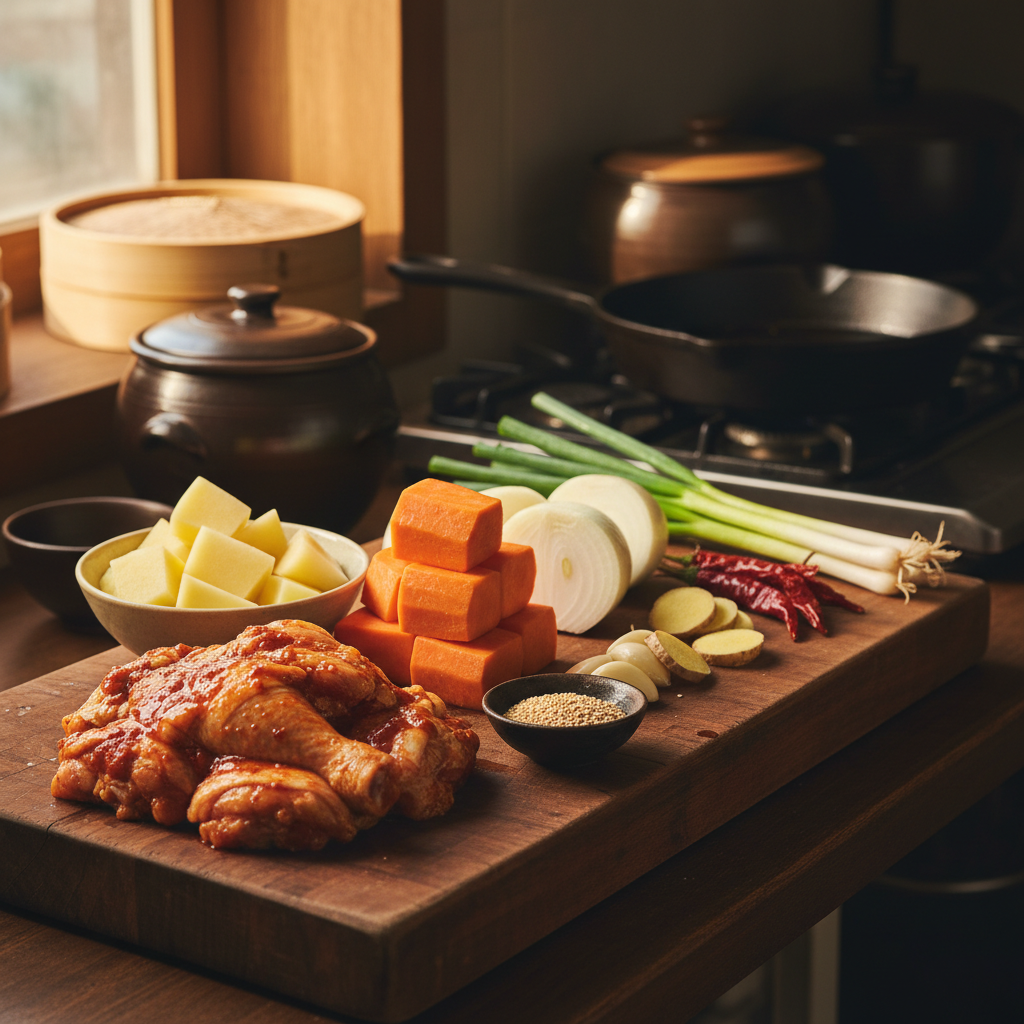 닭볶음탕 도마 위에 채소와 부재료를 정리한 이미지