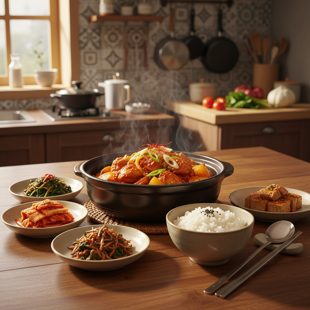 닭볶음탕 완성된 음식과 반찬을 함께 차린 이미지