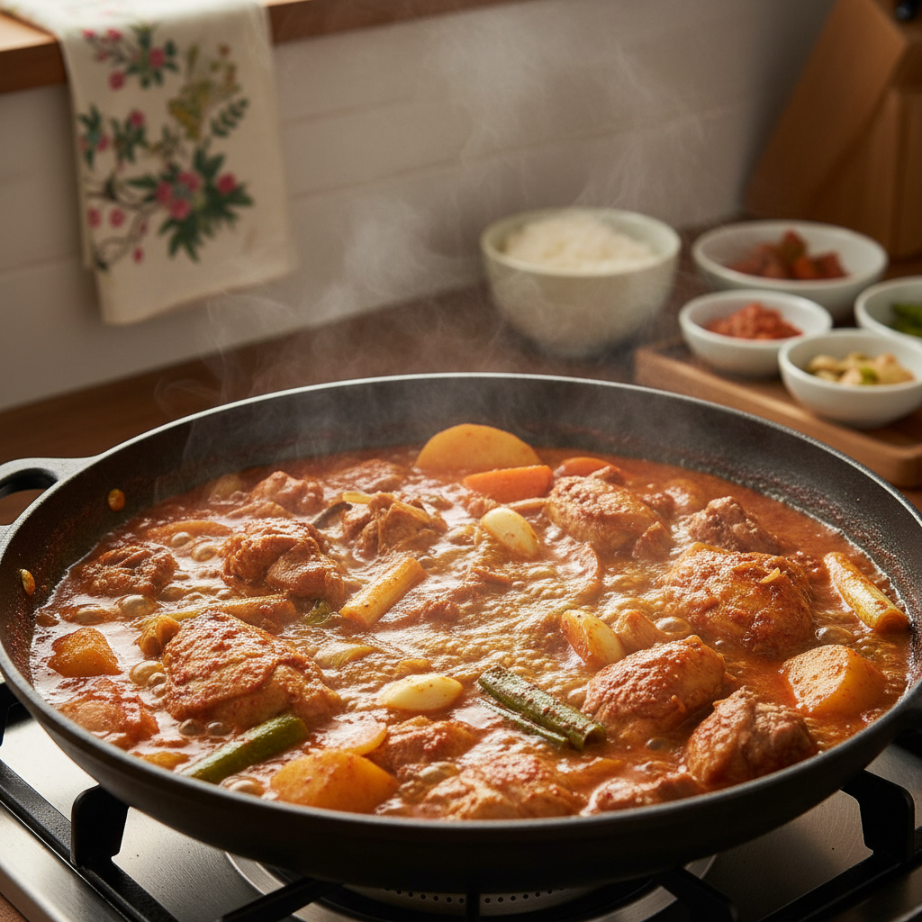 닭볶음탕 중간 불에서 익어가는 이미지