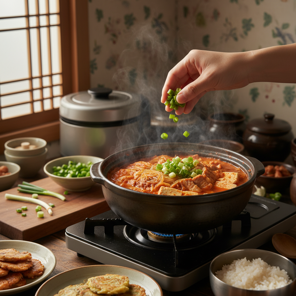 김치찌개 대파나 마지막 재료를 넣는 이미지