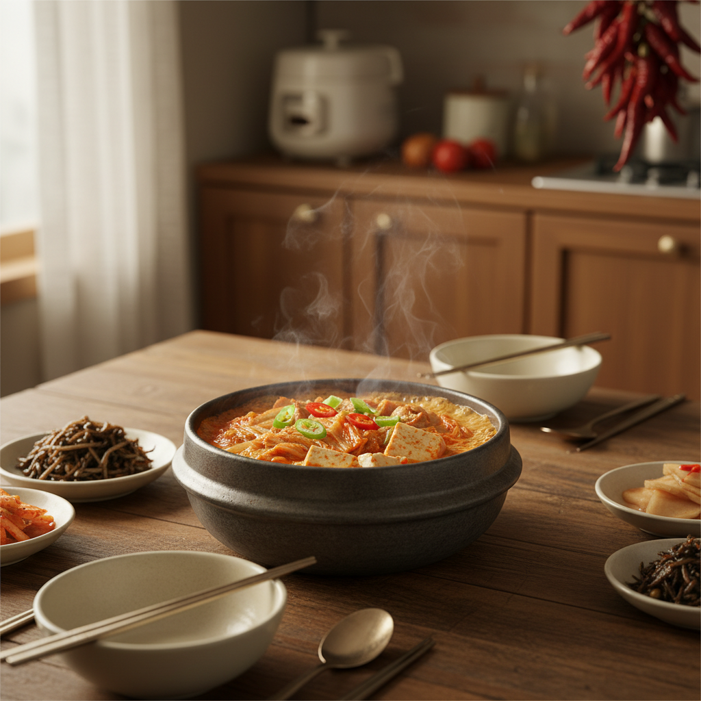 김치찌개 완성된 한 상 차림 이미지