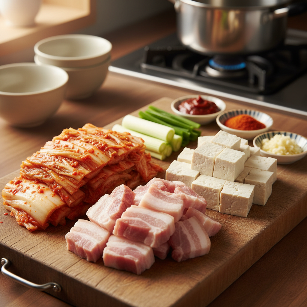 김치찌개 주재료를 손질 크기에 맞춰 정리한 이미지