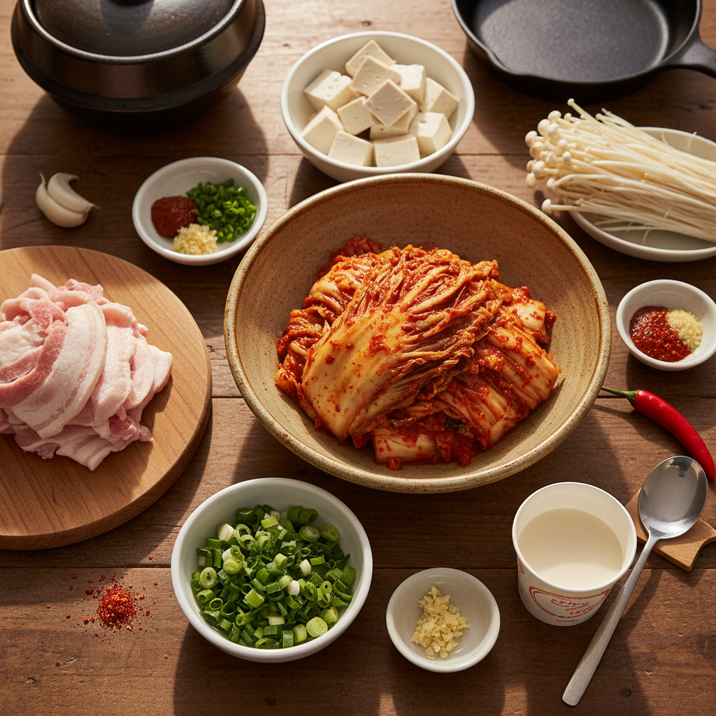 김치찌개 재료를 종이컵과 밥숟가락 기준으로 준비한 이미지