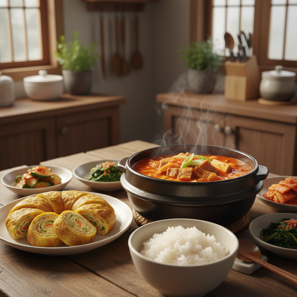 김치찌개 다음으로 곁들이기 좋은 음식과 함께 놓은 이미지