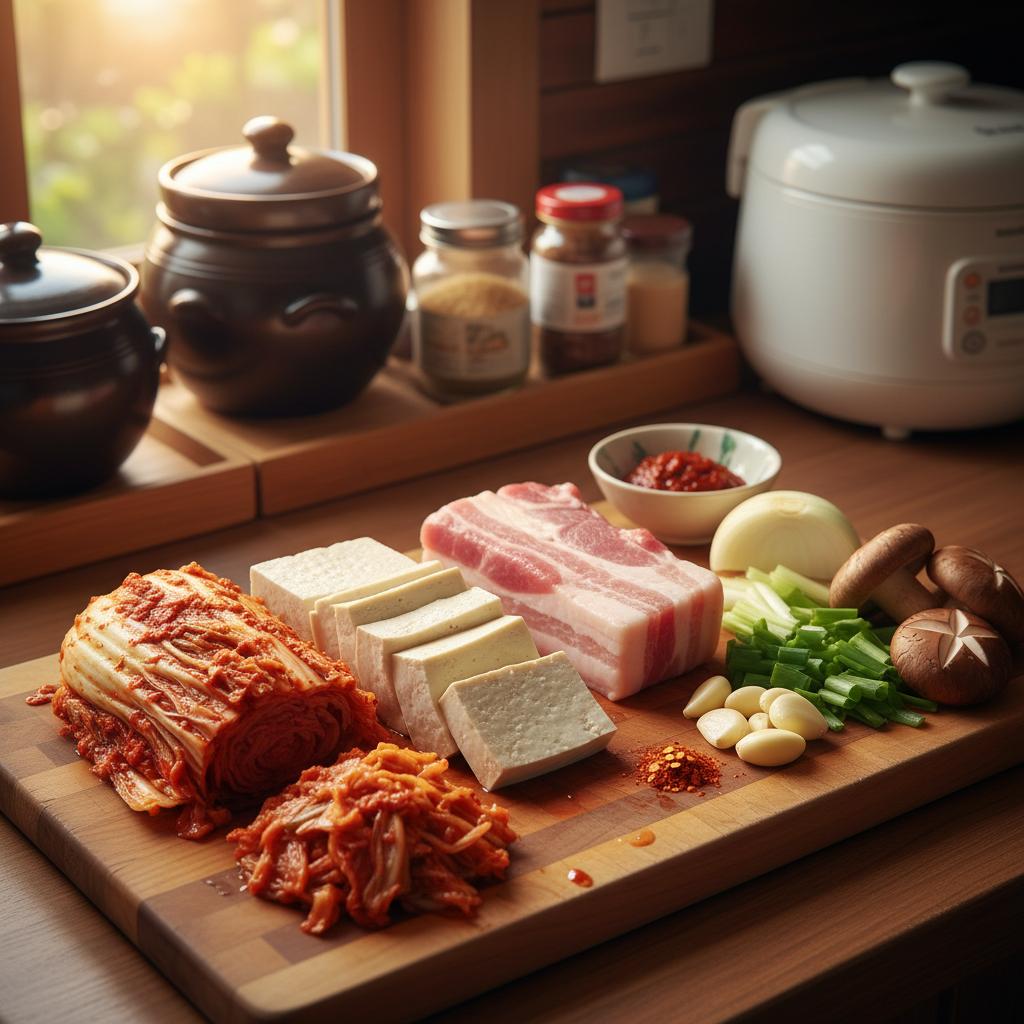 김치찌개 도마 위에 채소와 부재료를 정리한 이미지