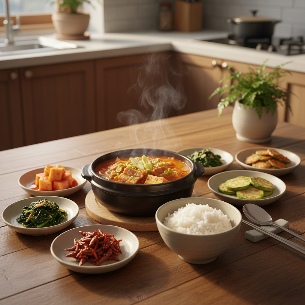 김치찌개 완성된 음식과 반찬을 함께 차린 이미지