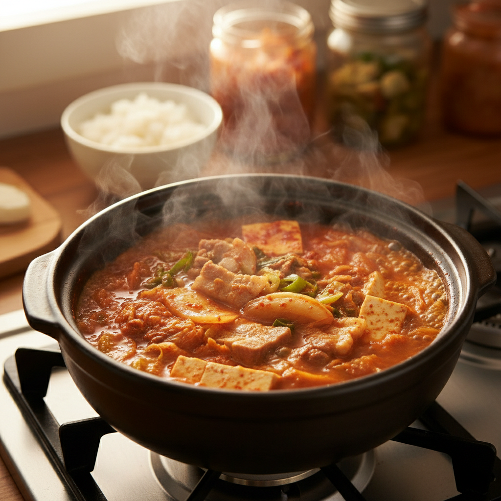 김치찌개 중간 불에서 익어가는 이미지