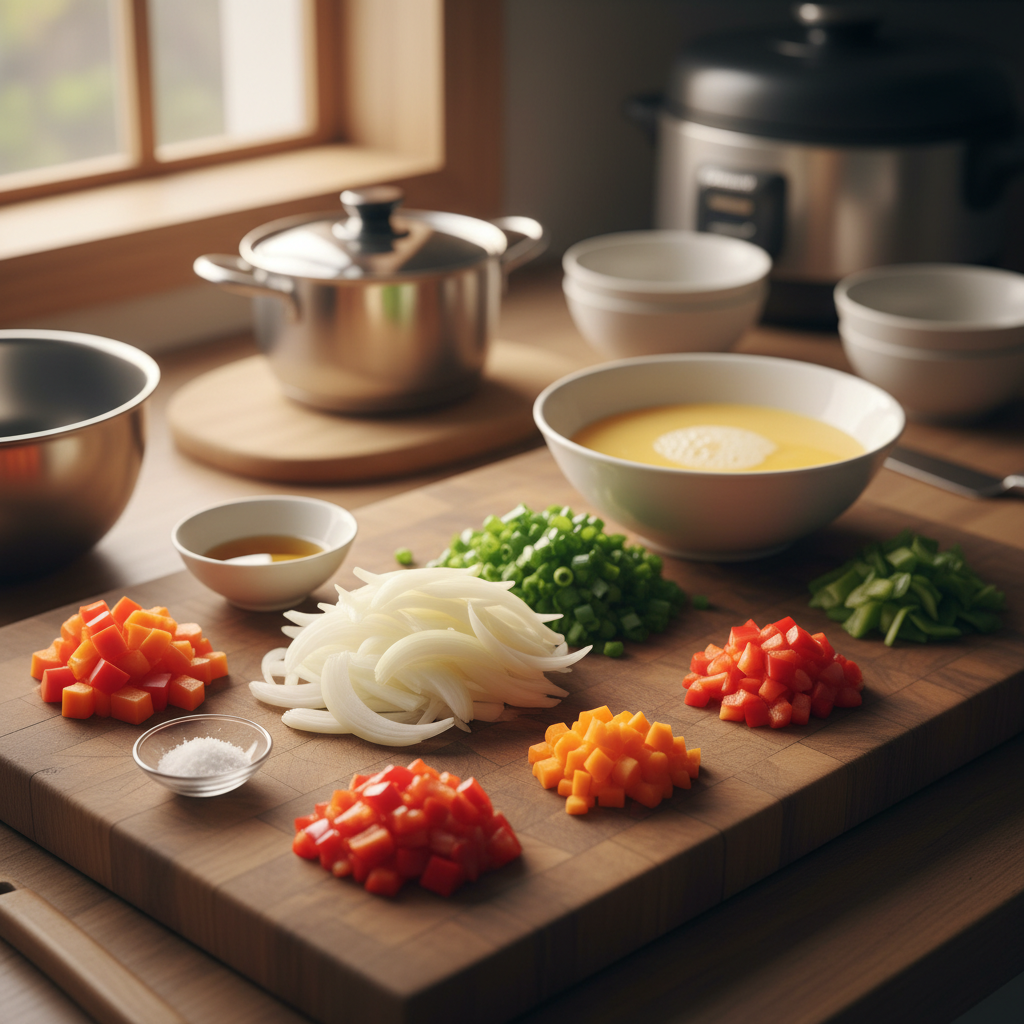 계란말이 주재료를 손질 크기에 맞춰 정리한 이미지