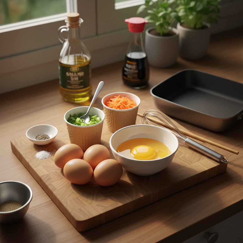 계란말이 재료를 종이컵과 밥숟가락 기준으로 준비한 이미지