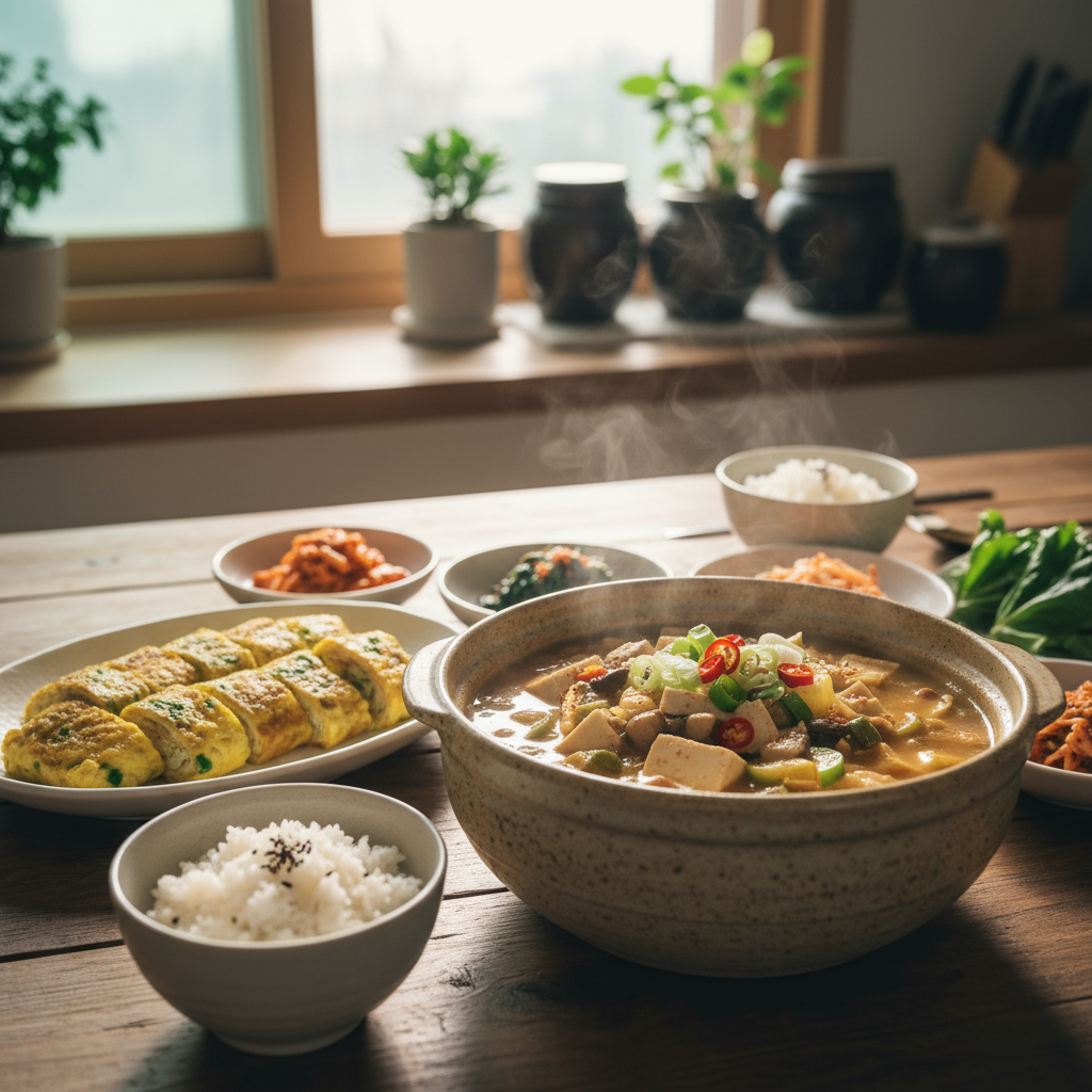 계란말이 다음으로 곁들이기 좋은 음식과 함께 놓은 이미지