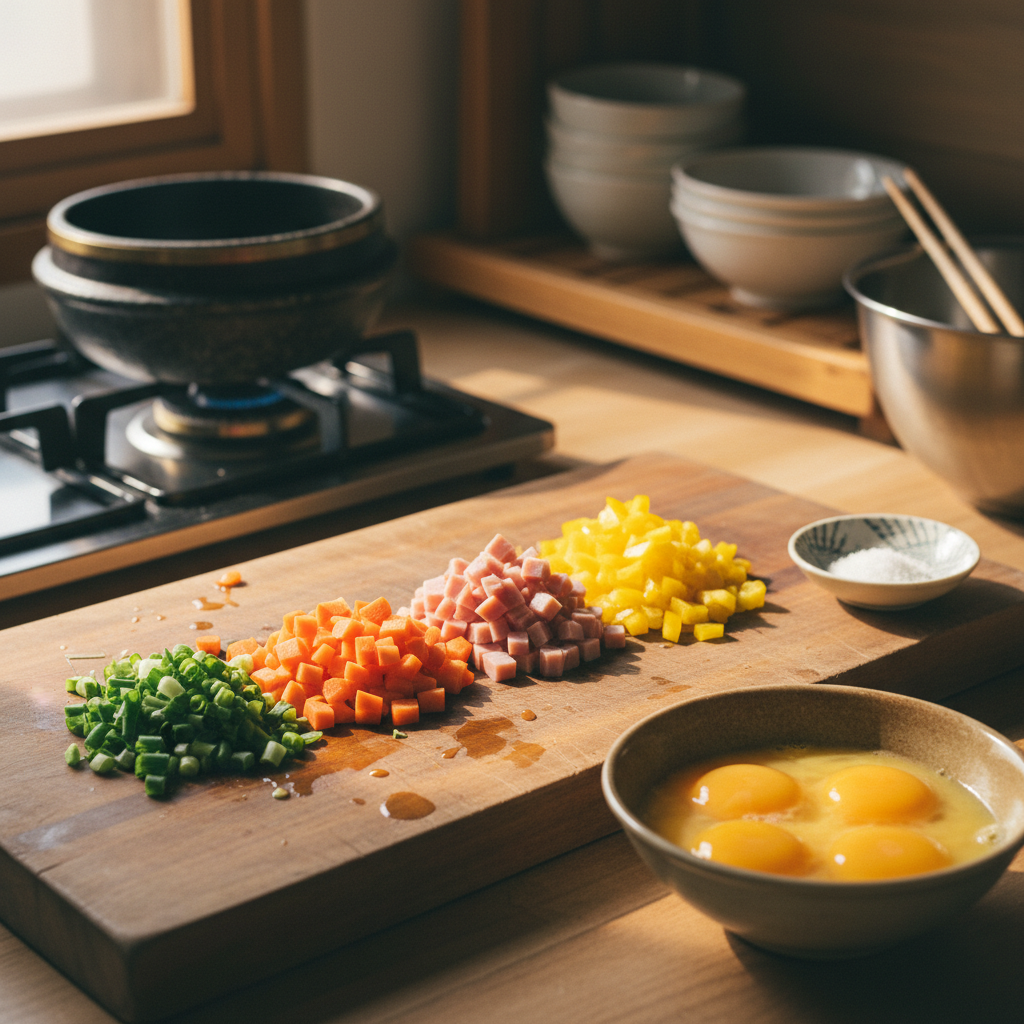 계란말이 도마 위에 채소와 부재료를 정리한 이미지