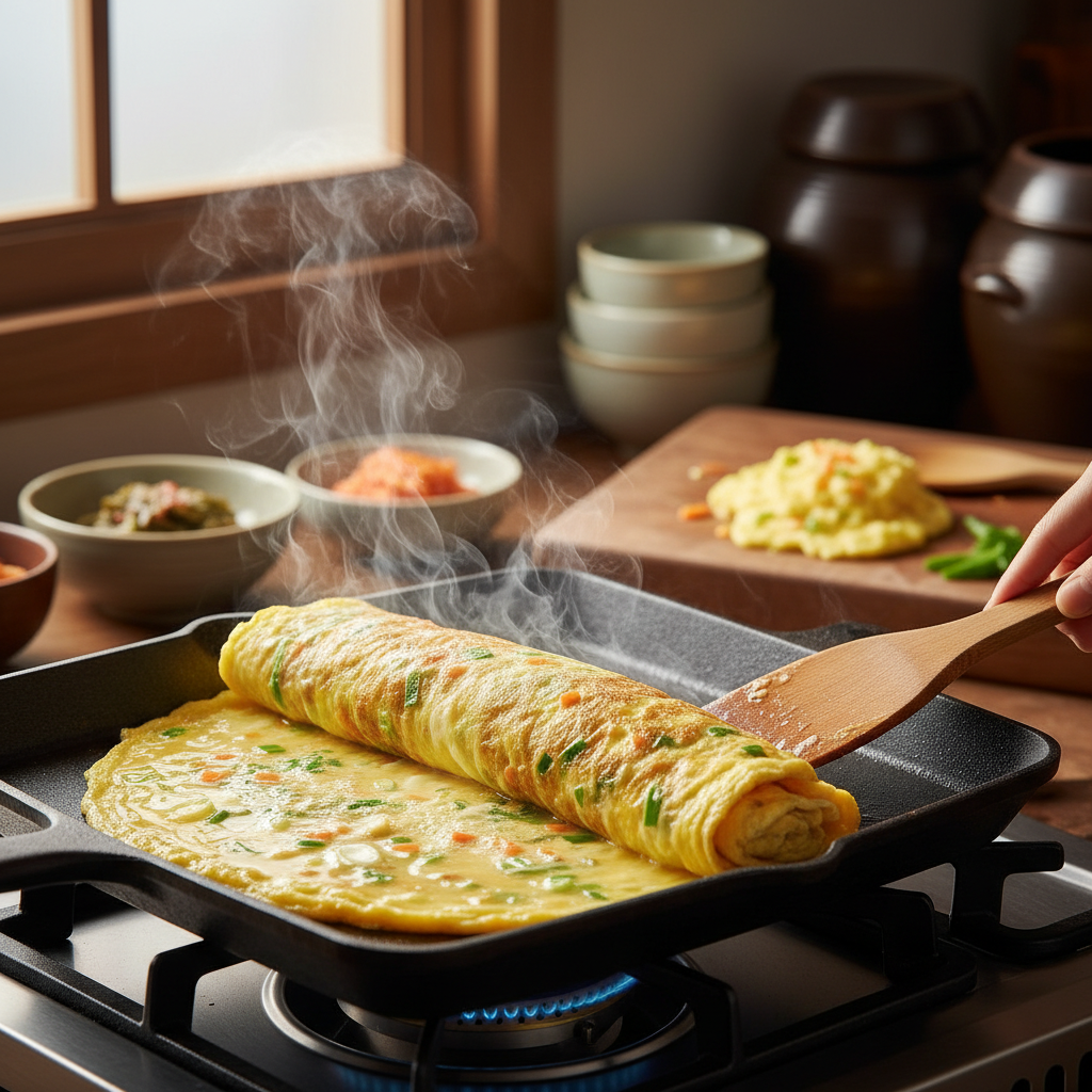 계란말이 중간 불에서 익어가는 이미지