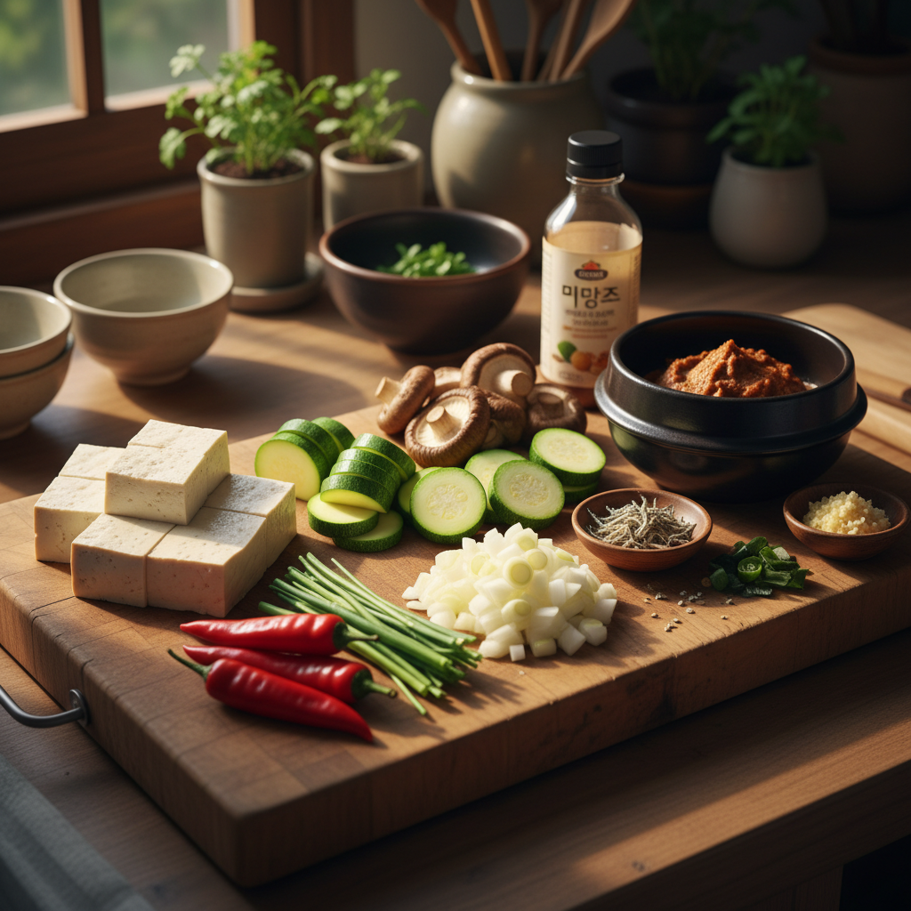 된장찌개 주재료를 손질 크기에 맞춰 정리한 이미지