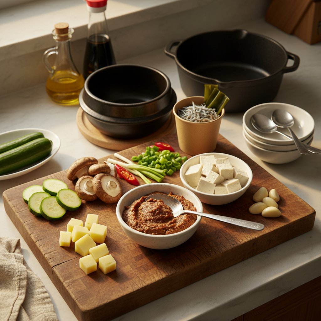 된장찌개 재료를 종이컵과 밥숟가락 기준으로 준비한 이미지