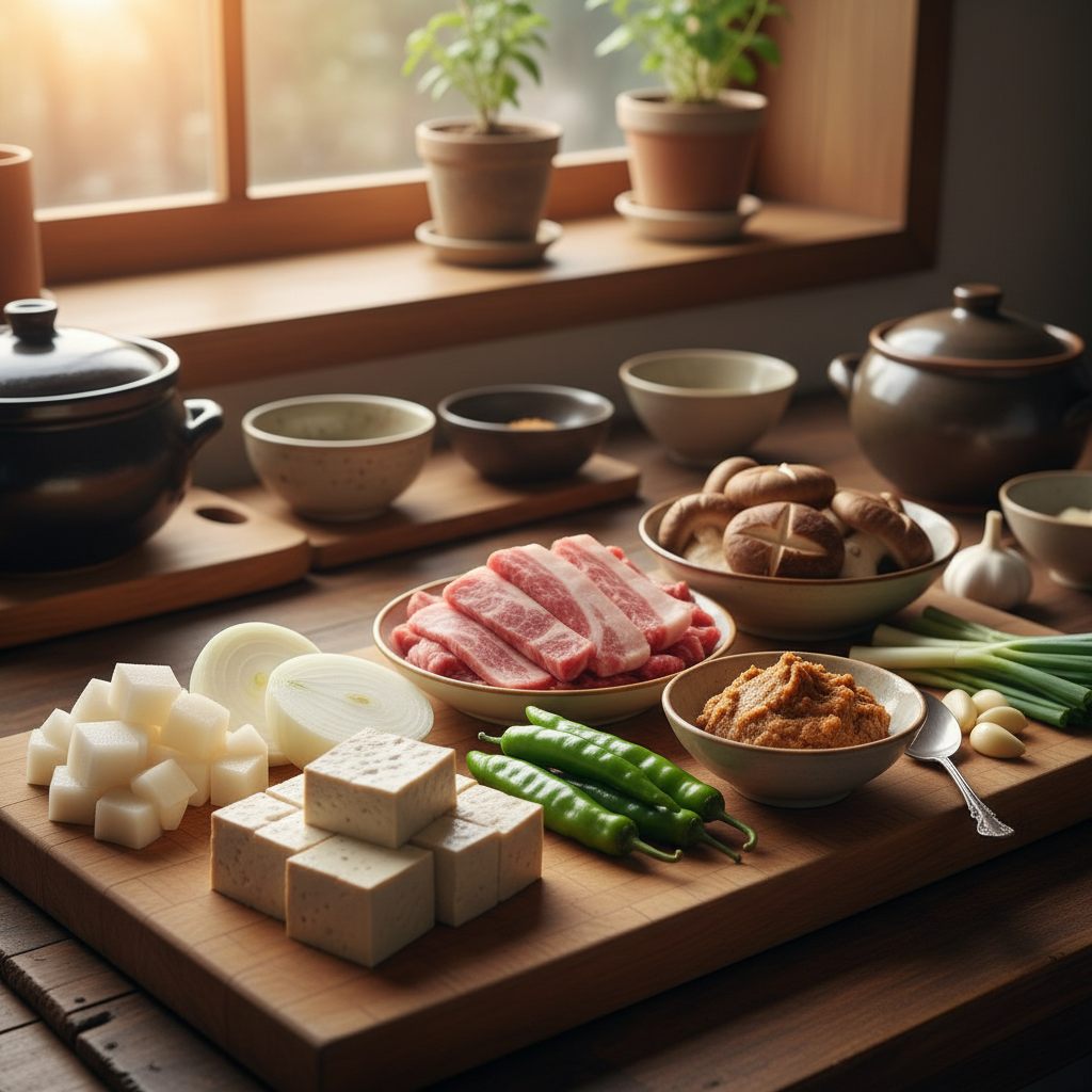 된장찌개 도마 위에 채소와 부재료를 정리한 이미지