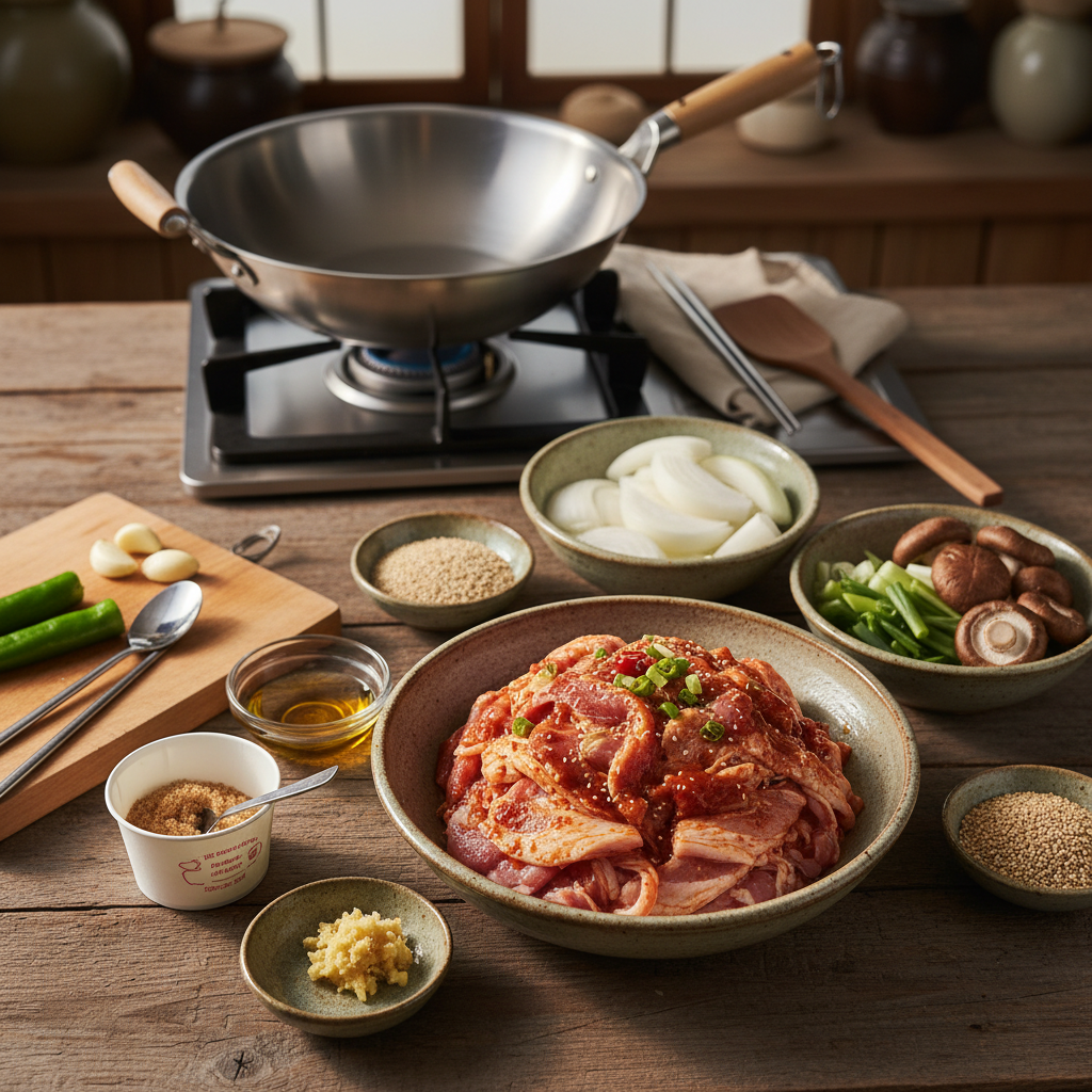 제육볶음 재료를 종이컵과 밥숟가락 기준으로 준비한 이미지