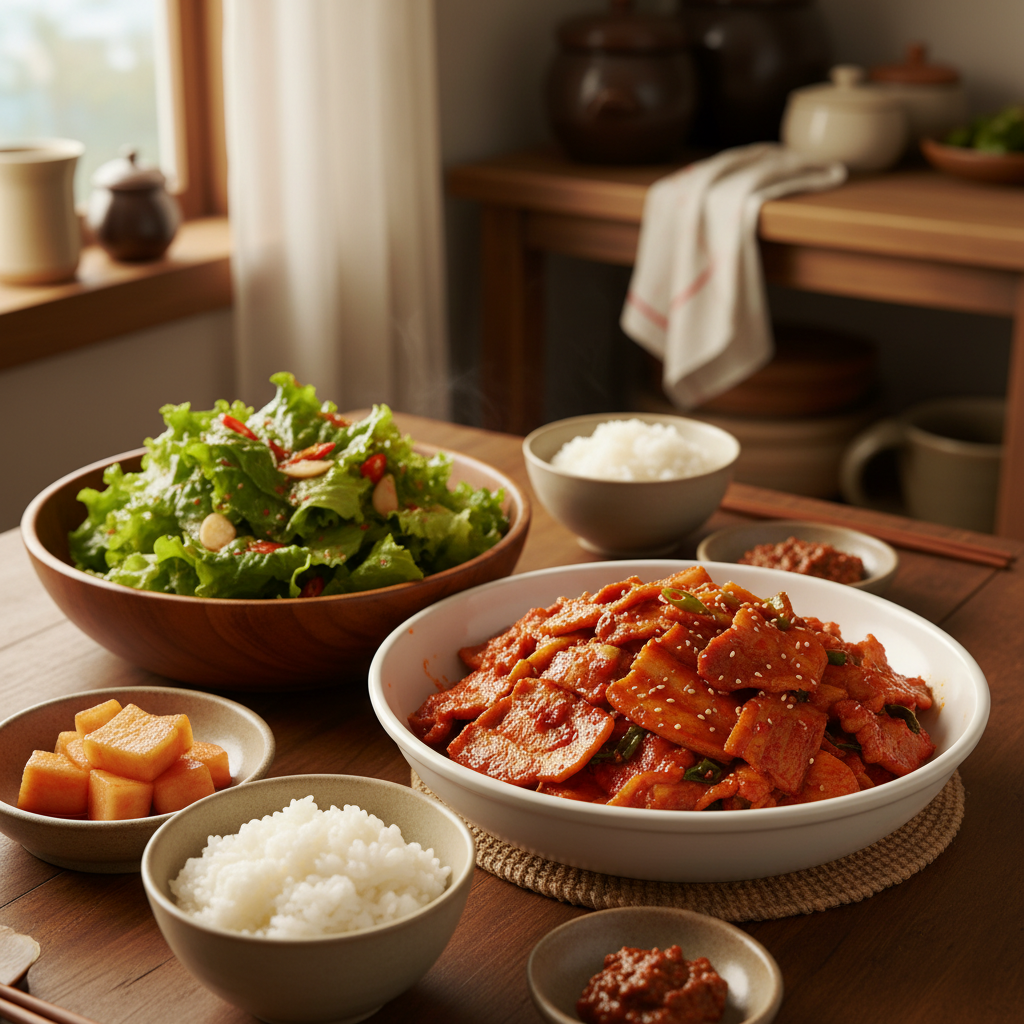 제육볶음 다음으로 곁들이기 좋은 음식과 함께 놓은 이미지