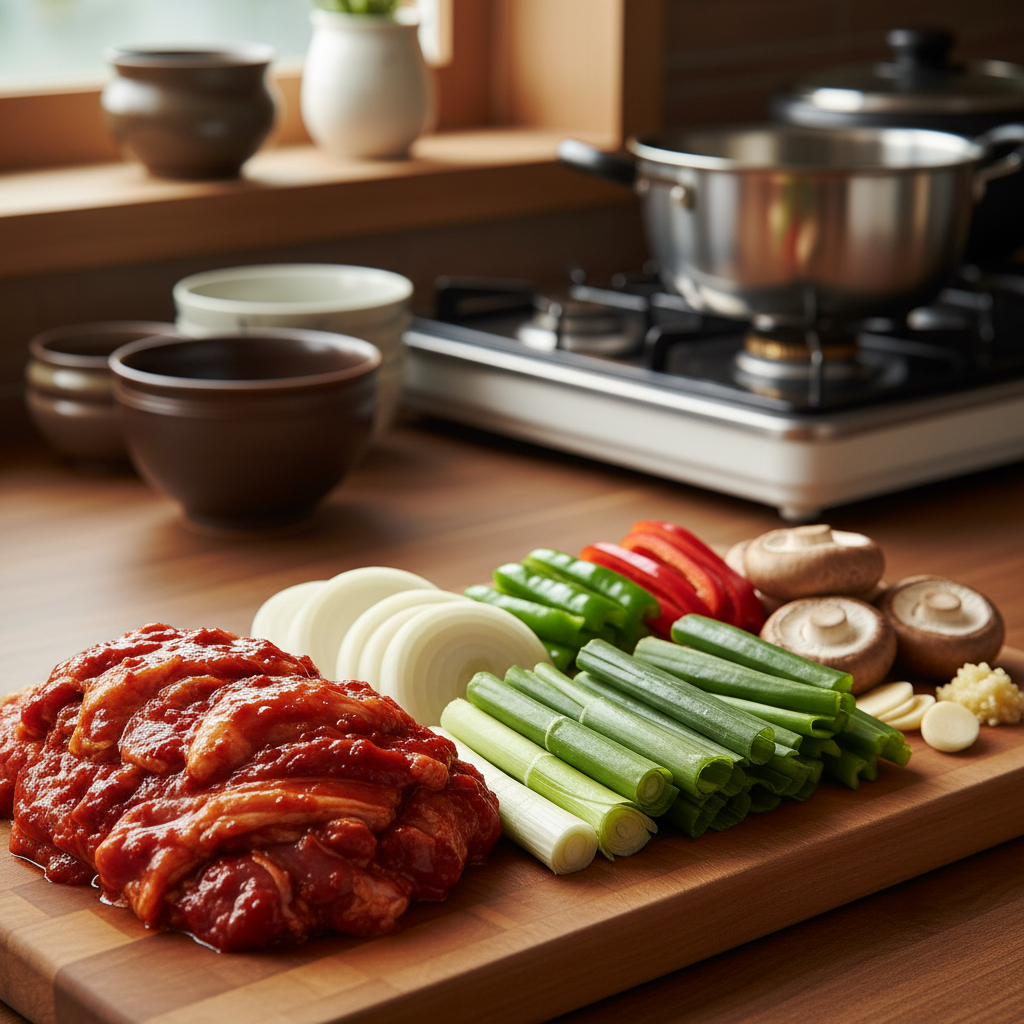 제육볶음 도마 위에 채소와 부재료를 정리한 이미지