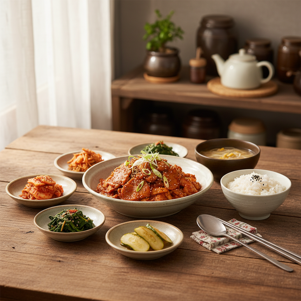 제육볶음 완성된 음식과 반찬을 함께 차린 이미지