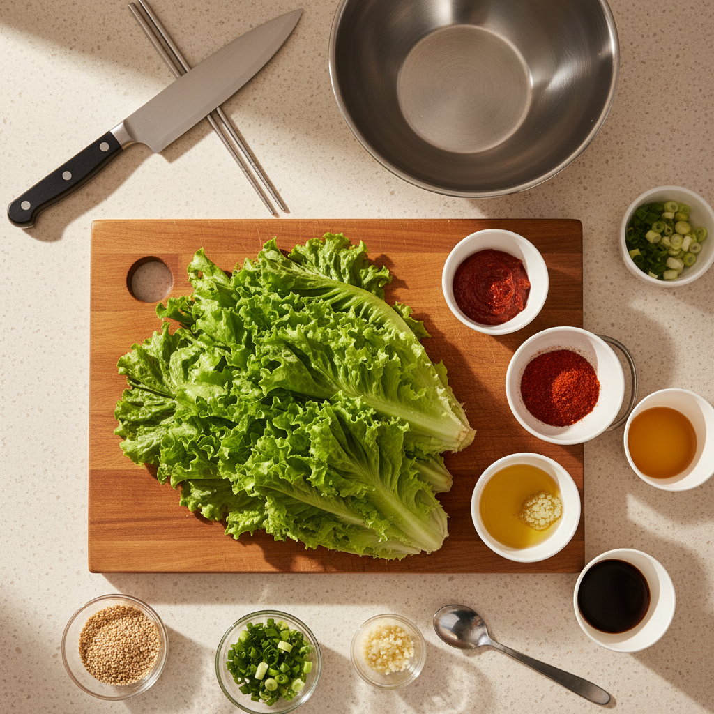 상추겉절이 재료를 종이컵과 밥숟가락 기준으로 준비한 이미지